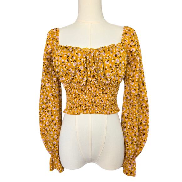 NWOT FOREVER 21 Yellow Floral Smocked Top - Picture 2 of 5